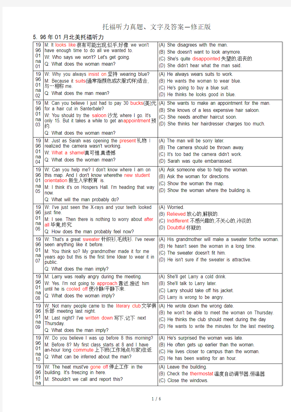 5. 96年01月 北美托福听力真题、文字及答案-修正版