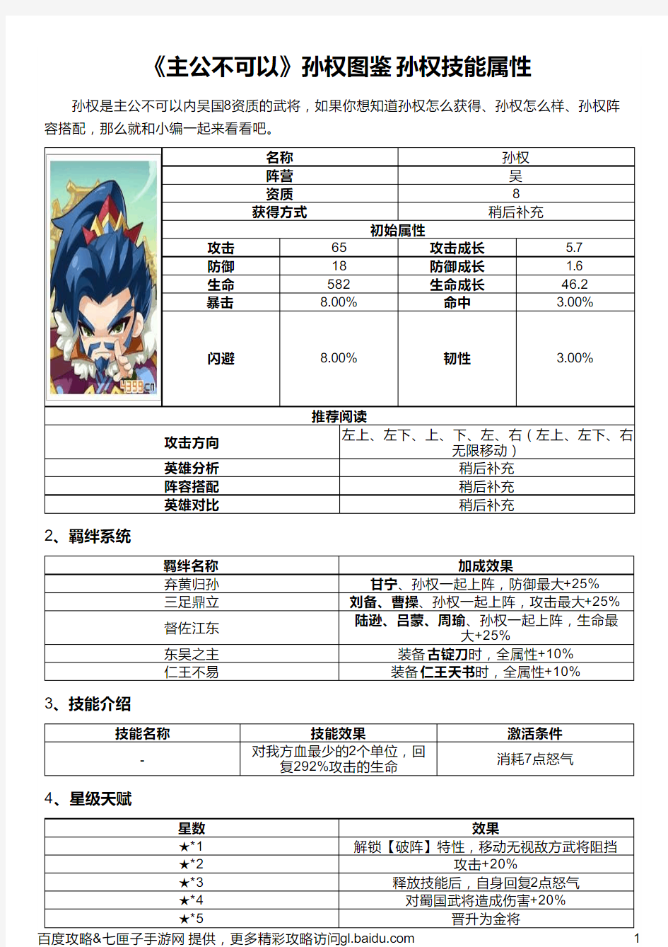 《主公不可以》孙权图鉴 孙权技能属性