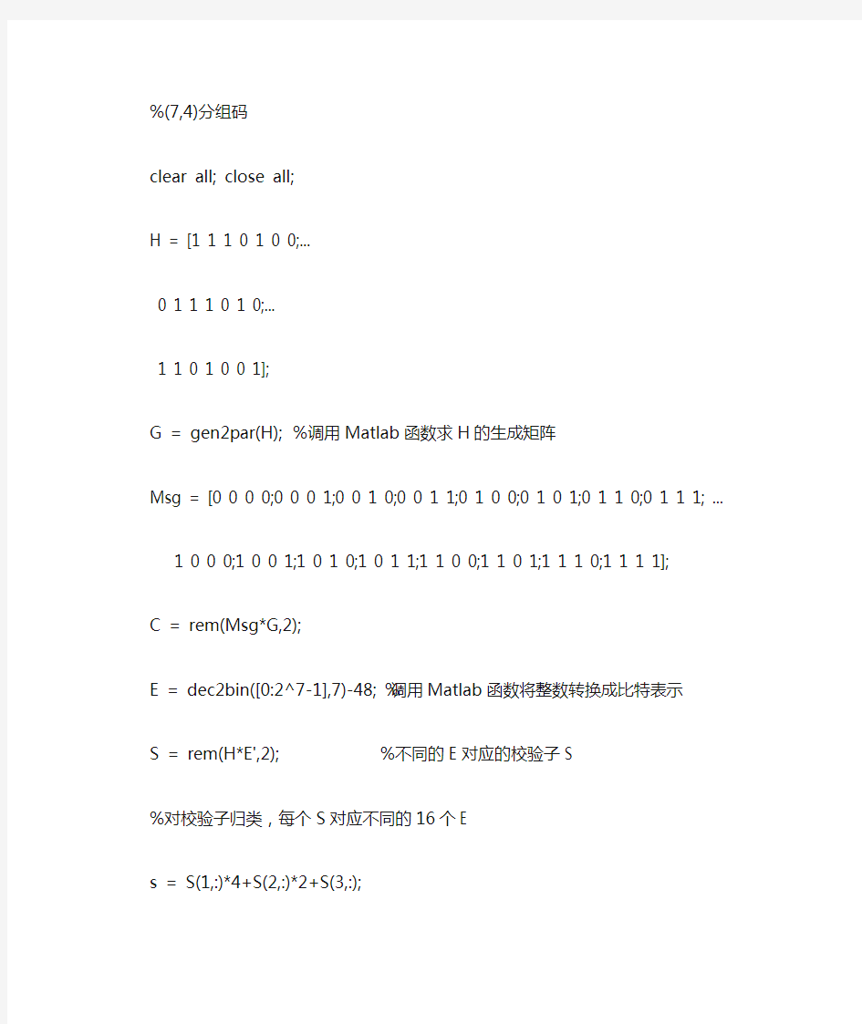 74分组码MATLAB仿真程序代码