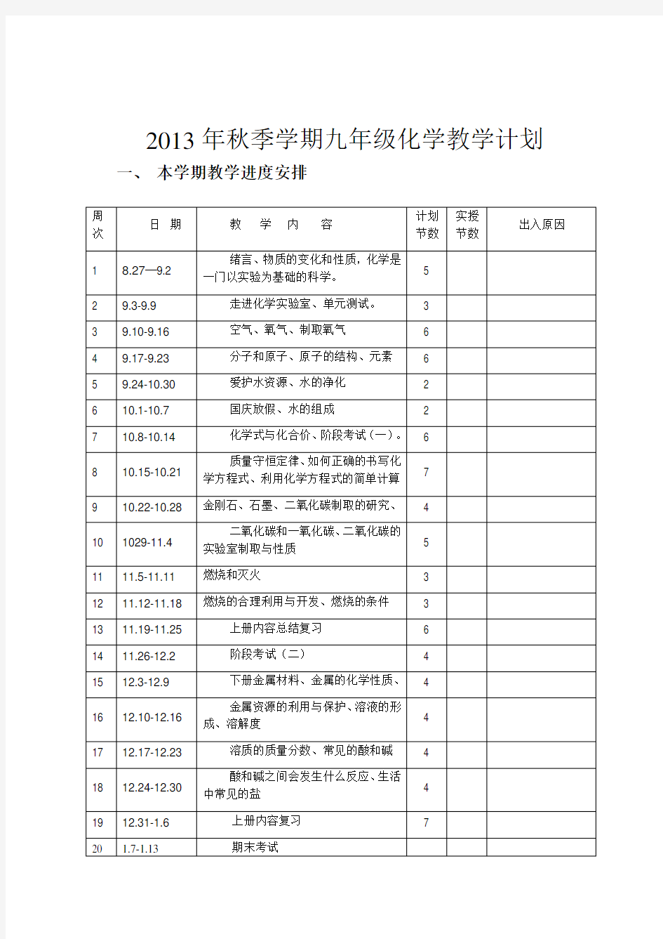 初中化学教学计划及进度表(上学期)