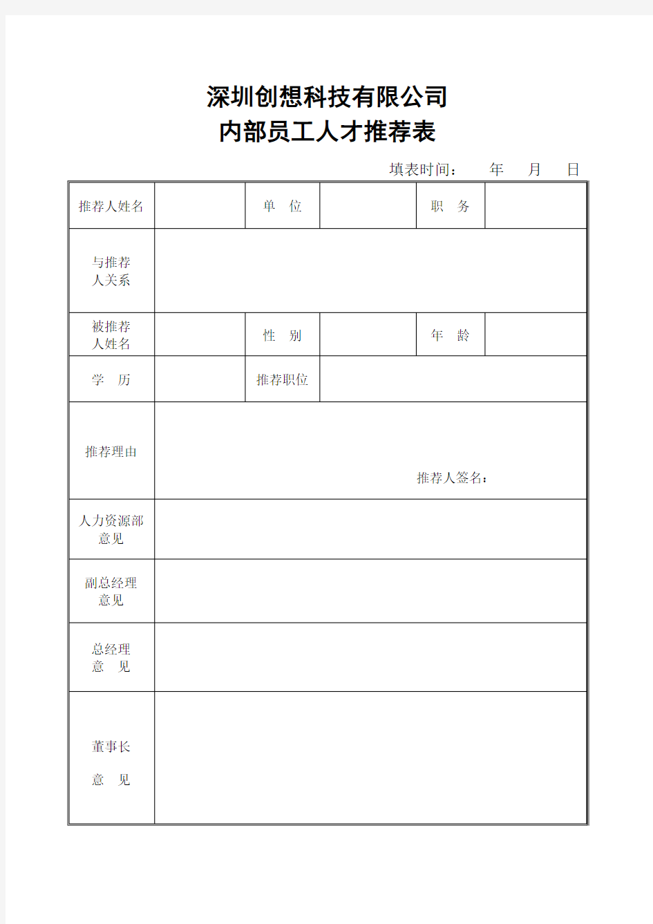 内部员工人才推荐表