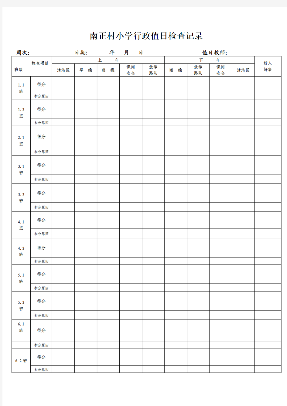 值日教师每日检查记录表