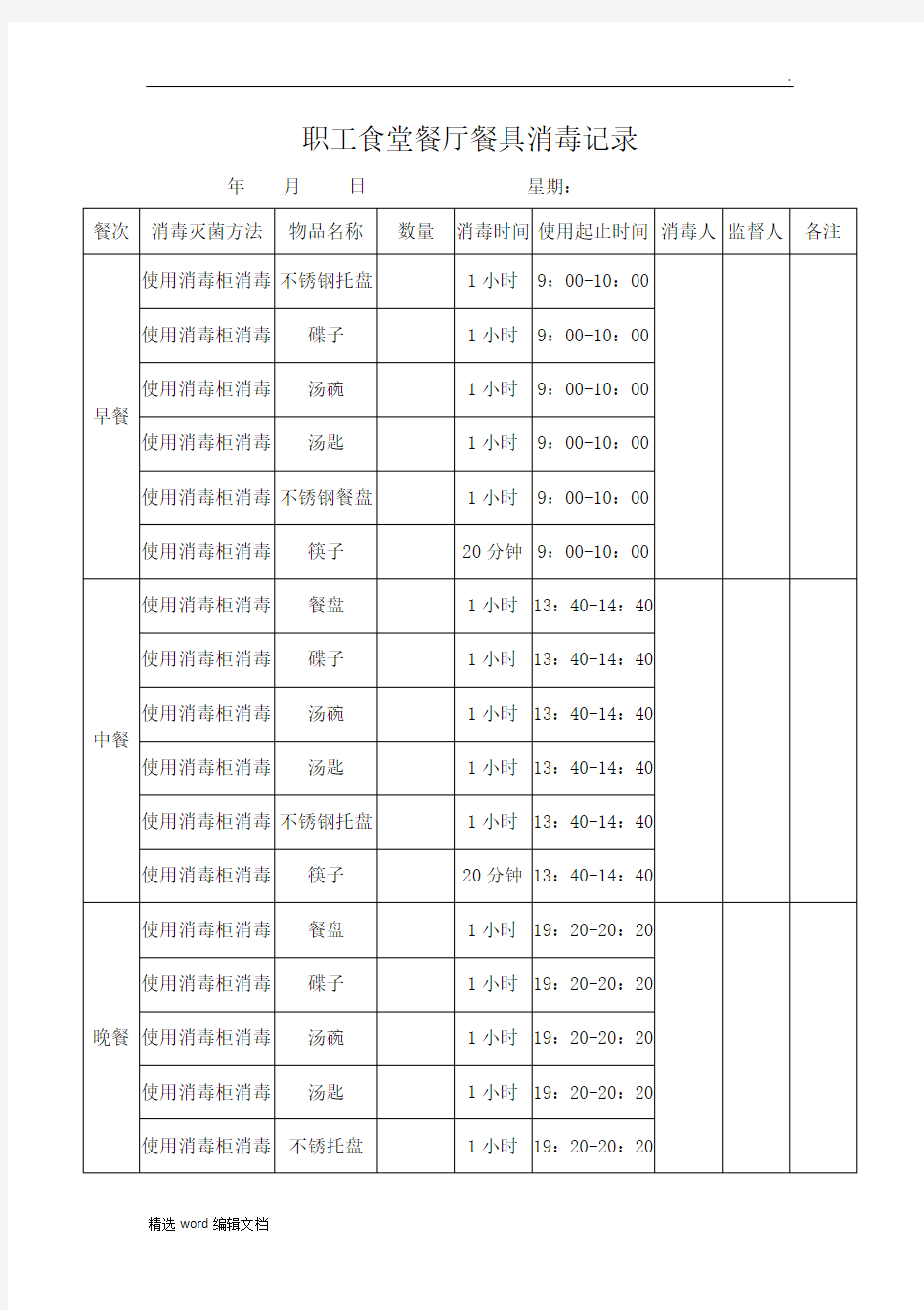 职工食堂餐厅餐具消毒记录表精品范本