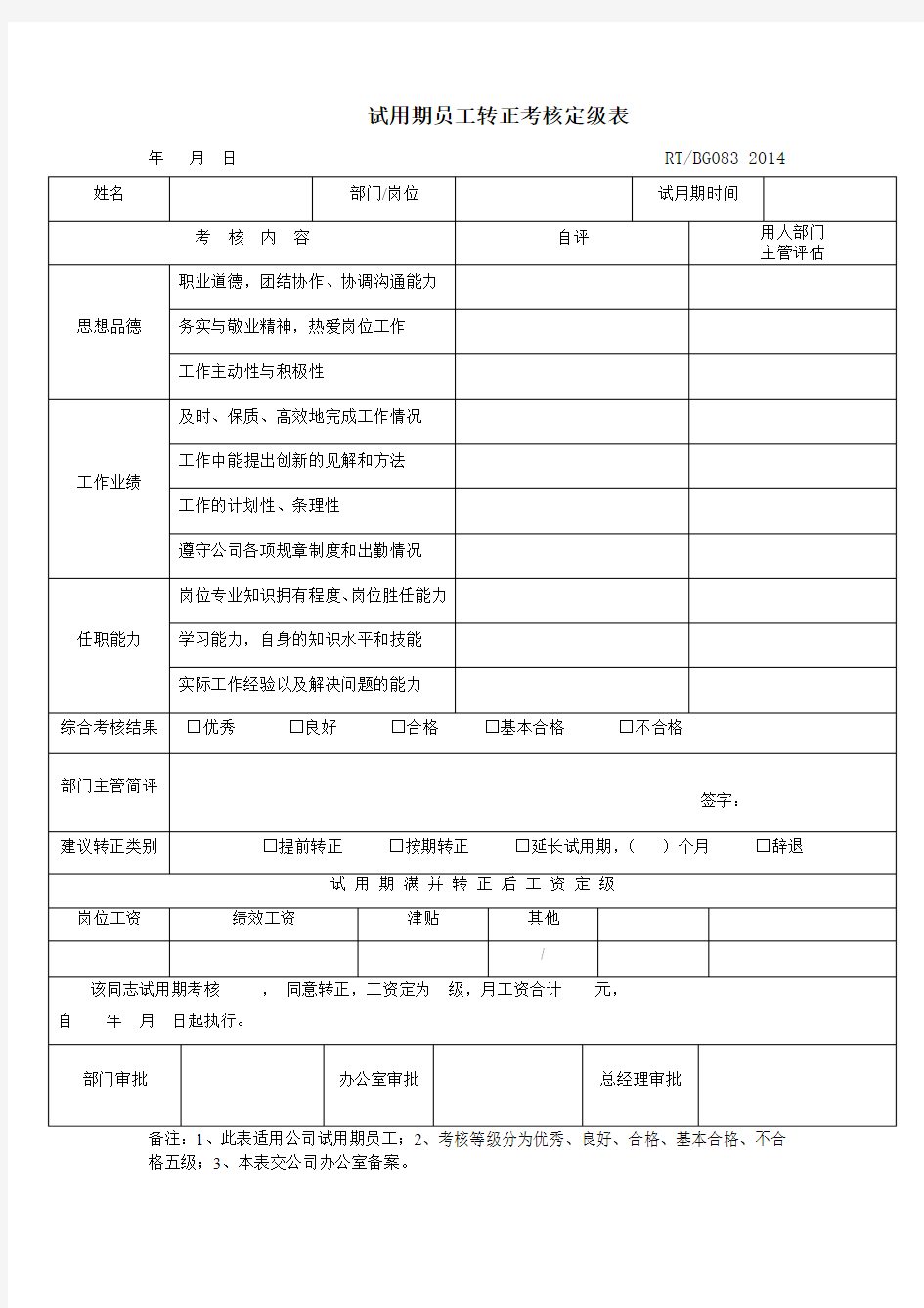 试用期员工转正考核定级表