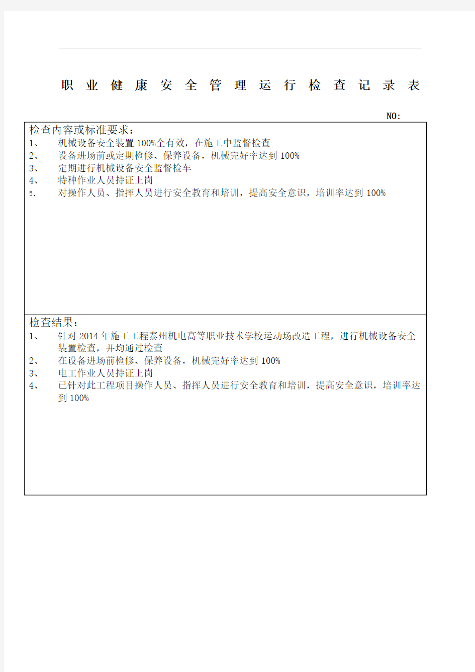 职业健康安全管理运行检查记录表