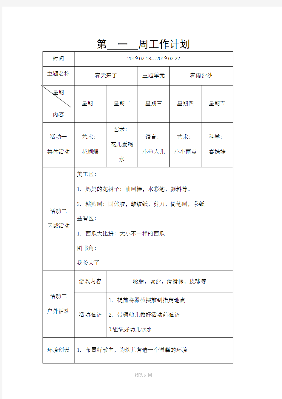 小班第一周周活动计划