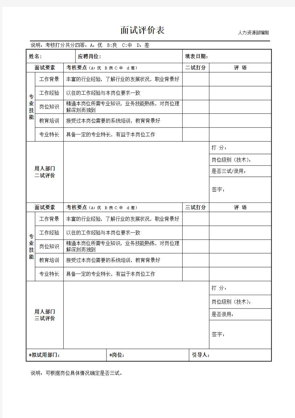 面试评价表(模板-通用)