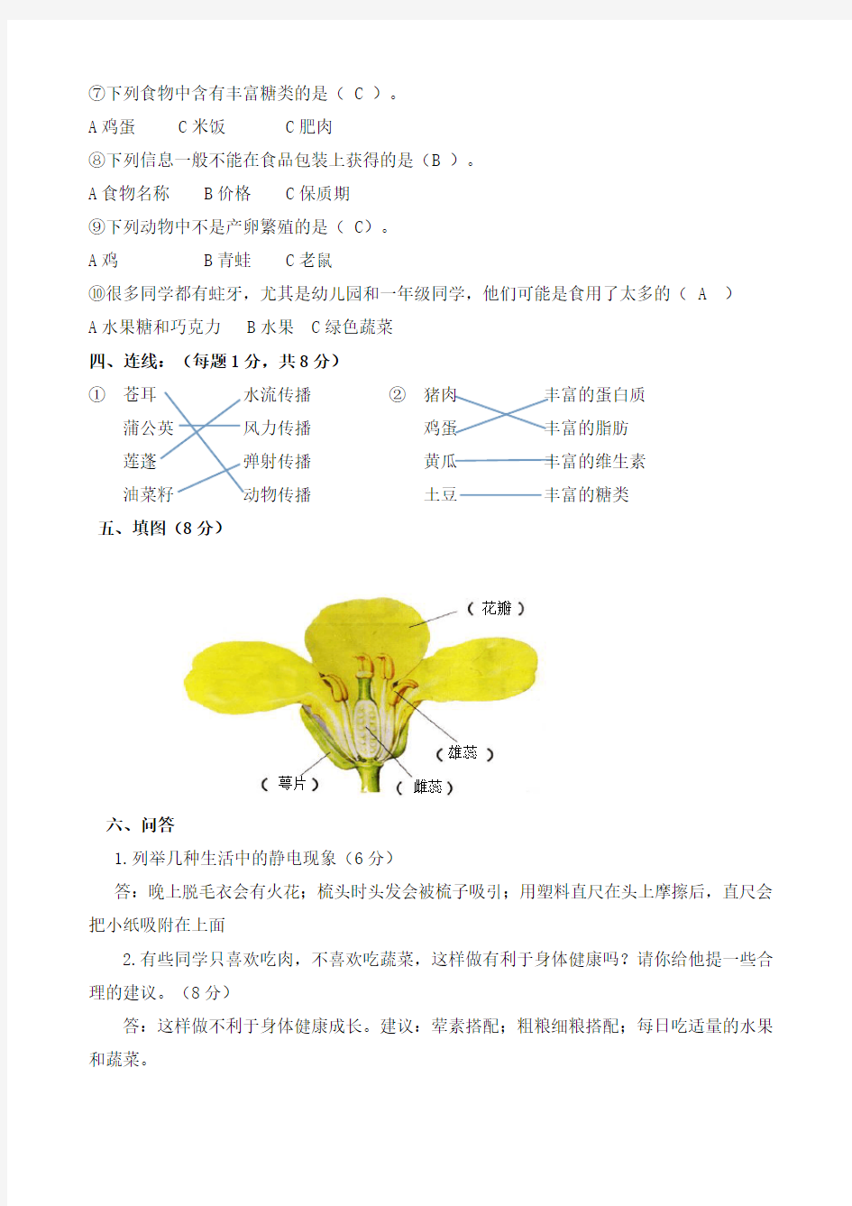 科教版四年级下册科学《期末考试试题》附答案