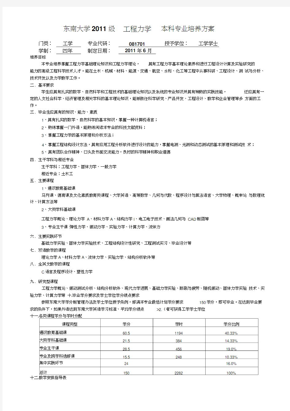 东南大学2011级工程力学本科专业培养方案