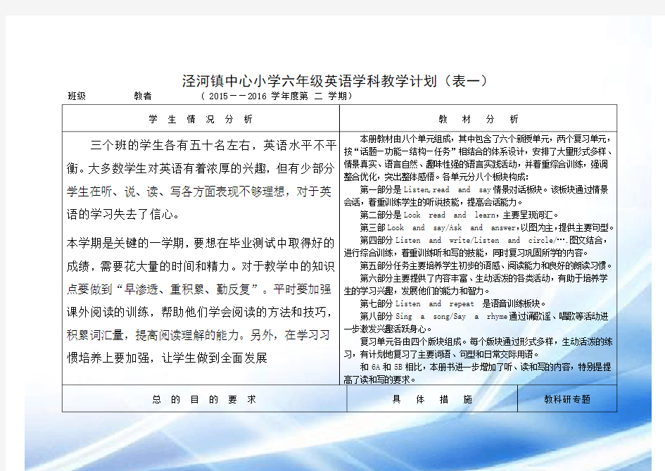 2015-2016年新译林版英语6B教学计划