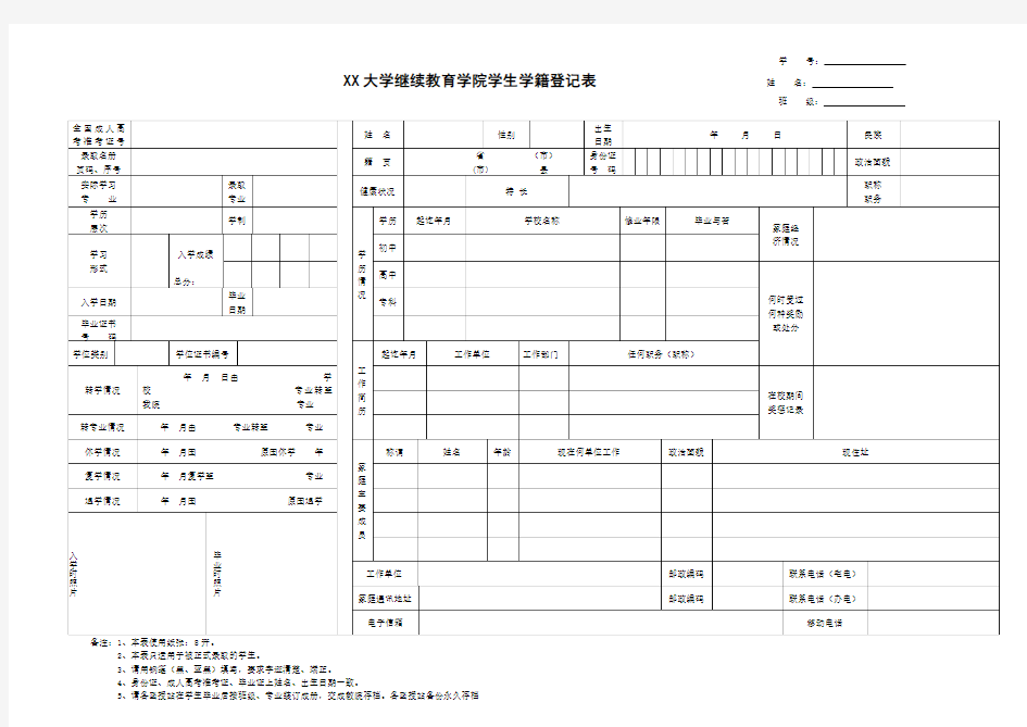 XX大学继续教育学院学生学籍登记表【模板】