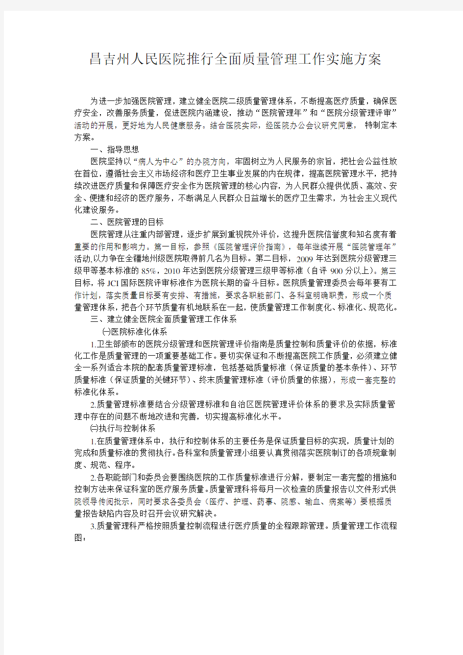 昌吉州人民医院推行全面质量管理工作实施方案