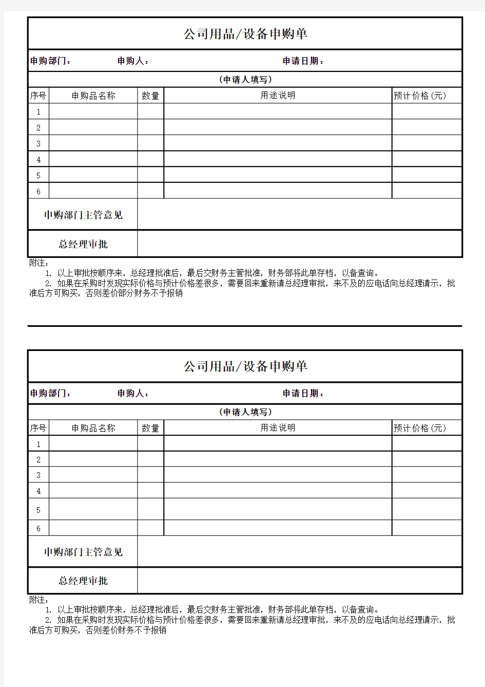 公司办公用品申购单