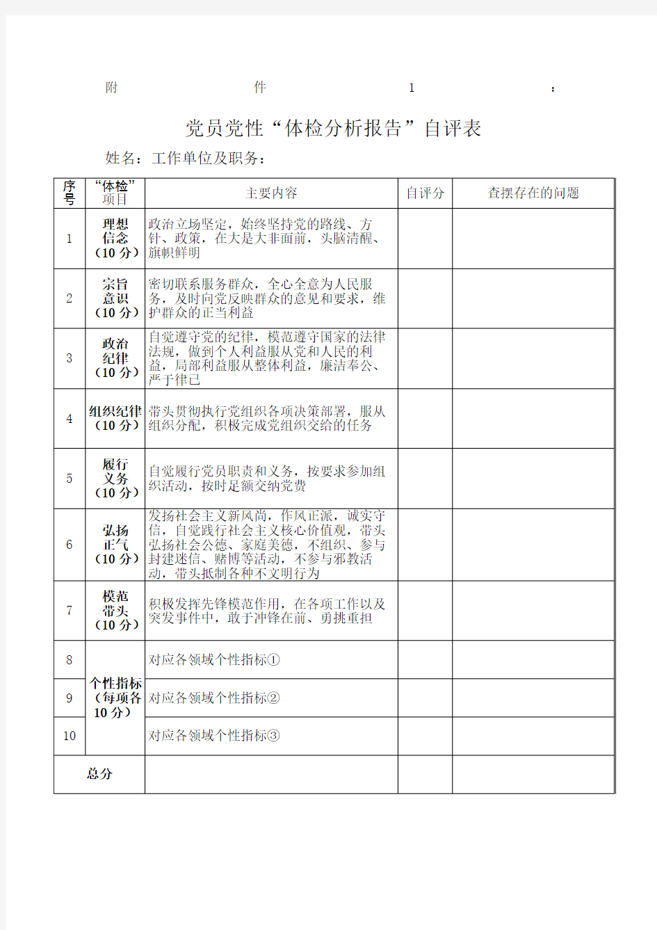 附党员党性体检自评表