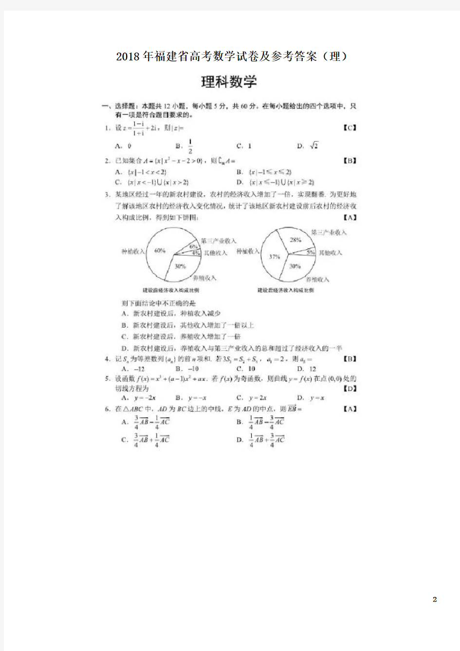 2018年福建省高考数学试卷及参考答案(理)