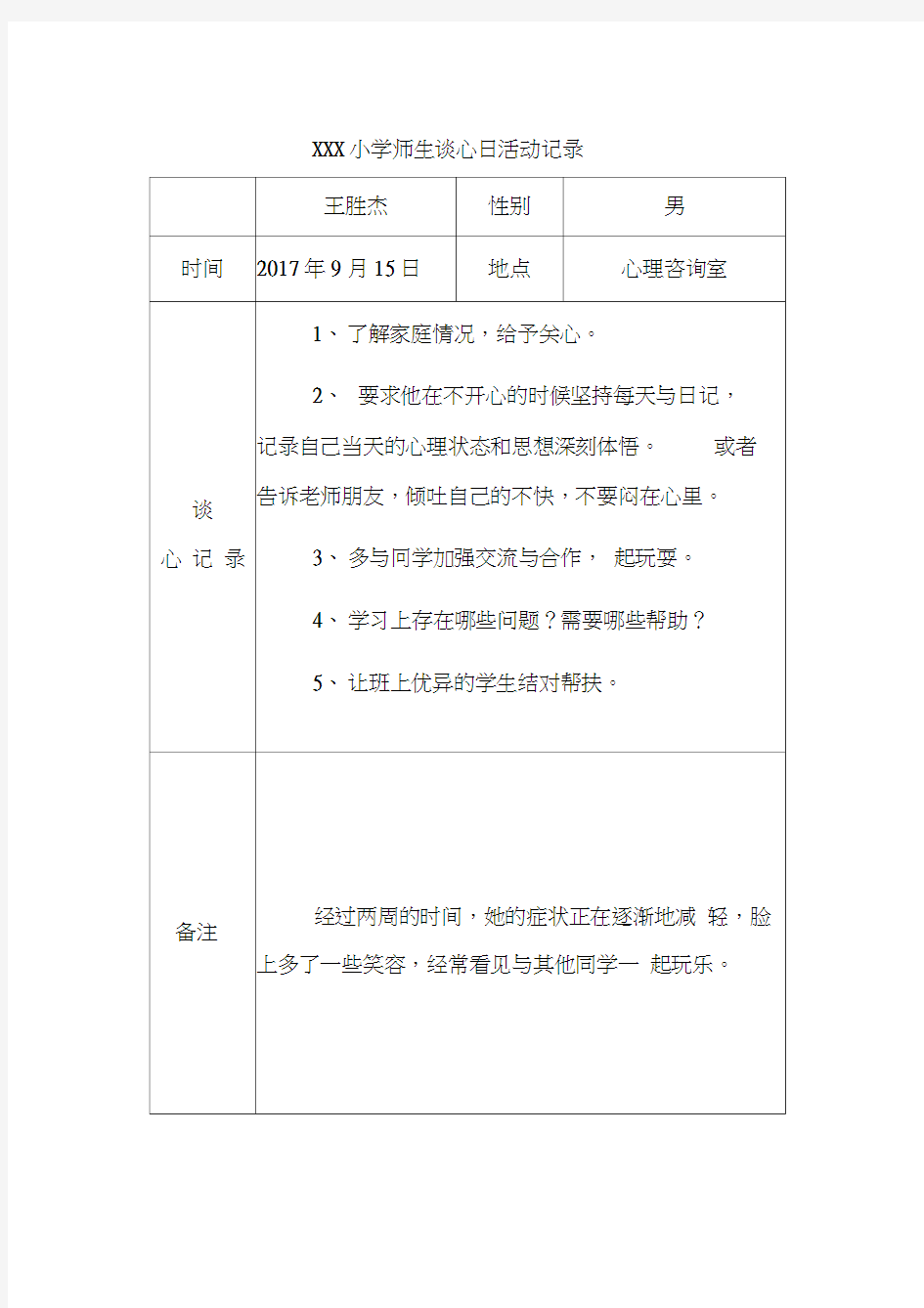 xx小学师生谈心日活动记录文本