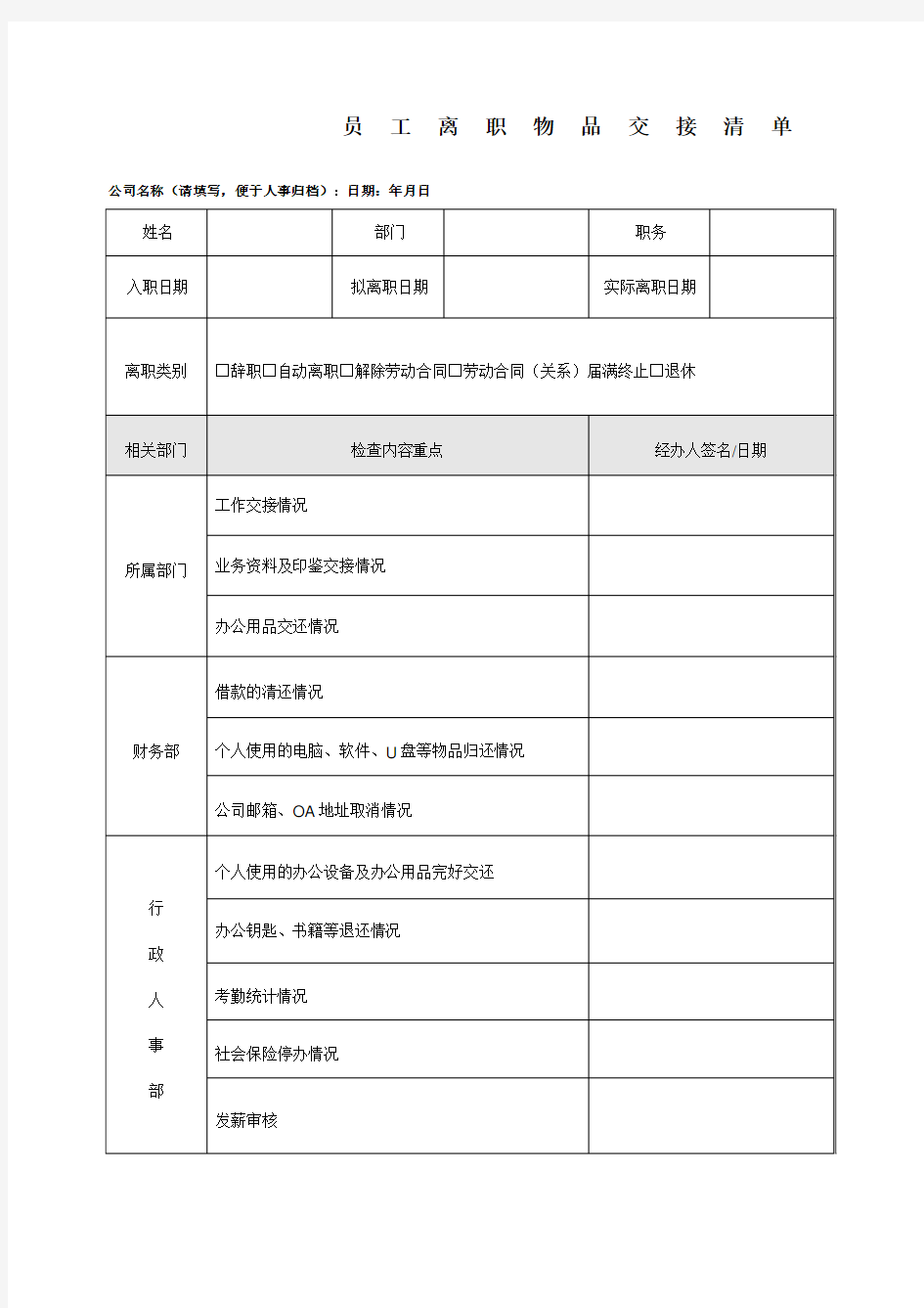 员工离职物品交接清单