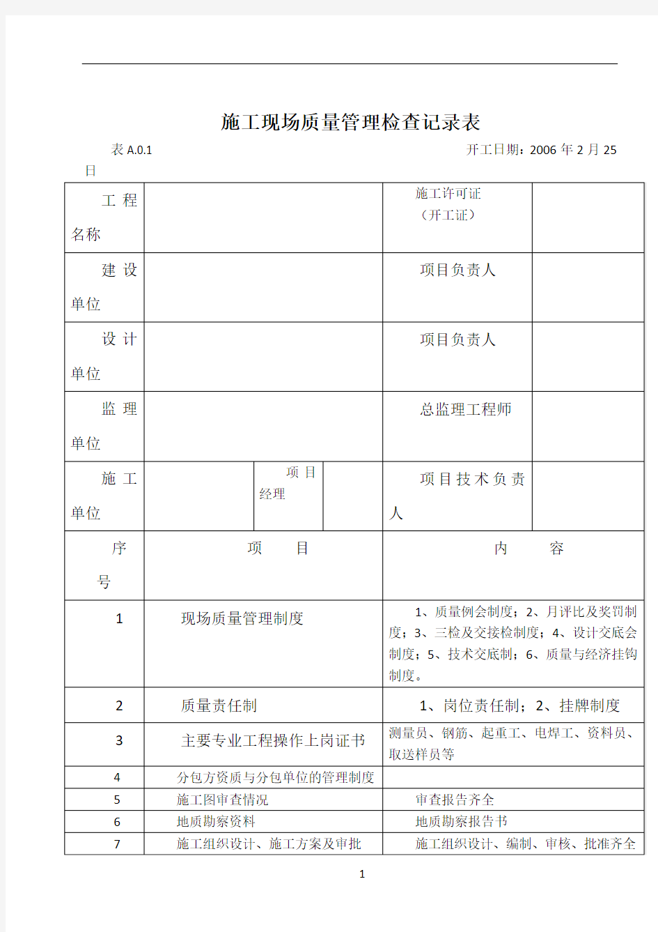 施工现场质量管理检查记录表55682