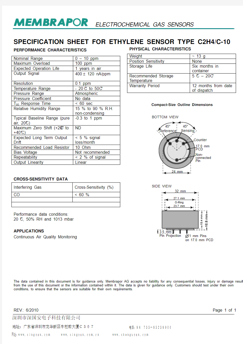 瑞士Membrapor乙烯气体传感器C2H4-C-10