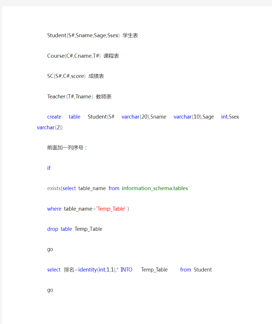 50个常用sql语句实例(学生表_课程表_成绩表_教师表)