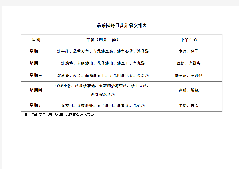 每周营养餐列表