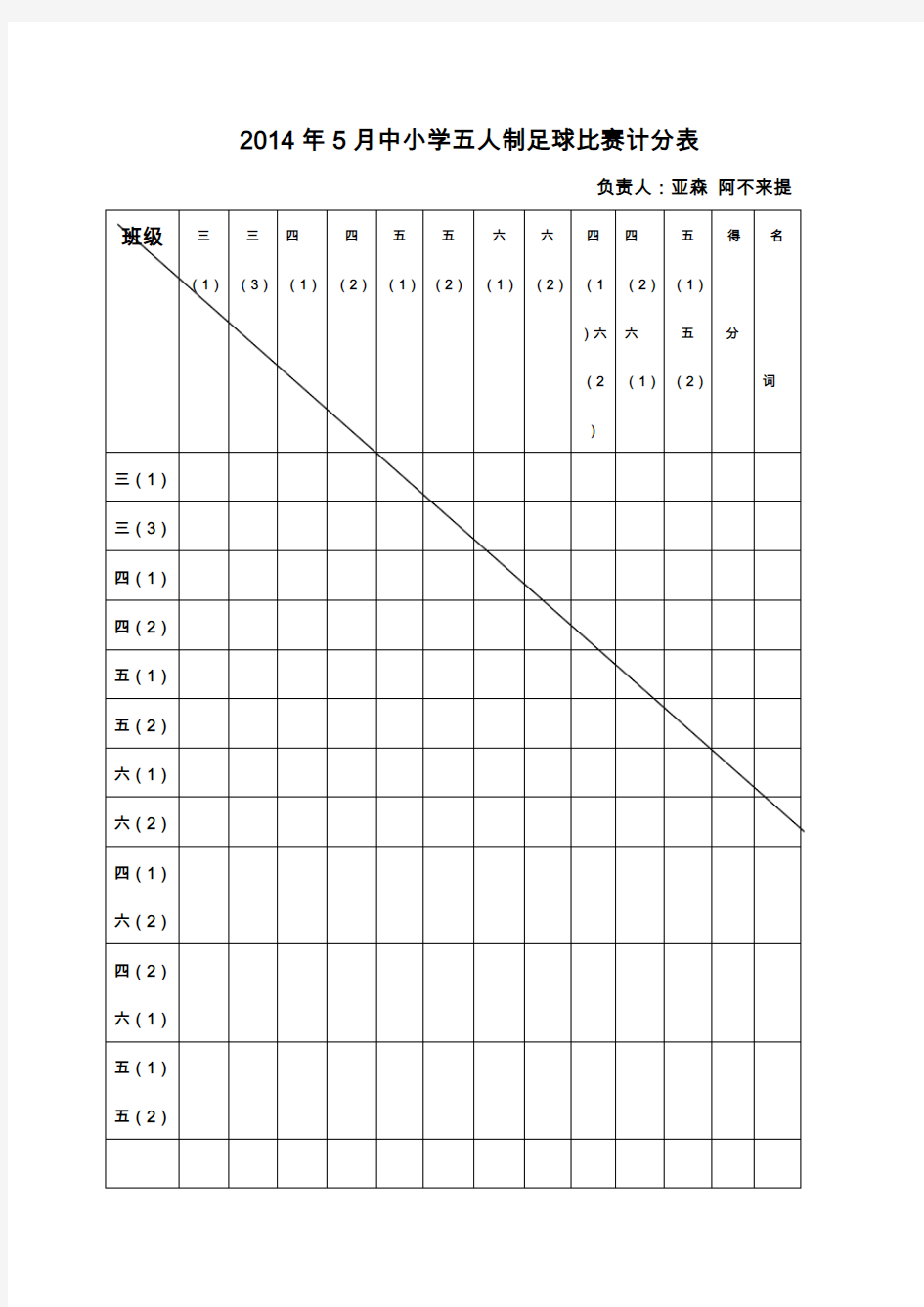 2014年5月中小学五人制足球比赛计分表