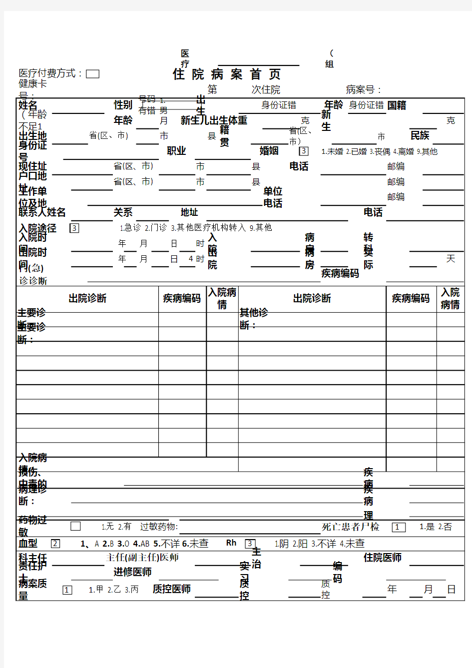 新版病历首页模板