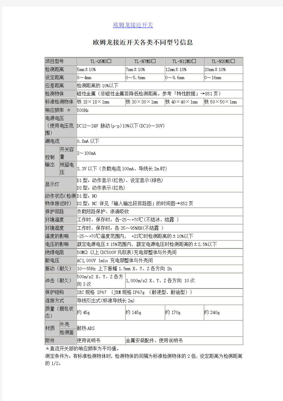 欧姆龙接近开关各类不同型号信息