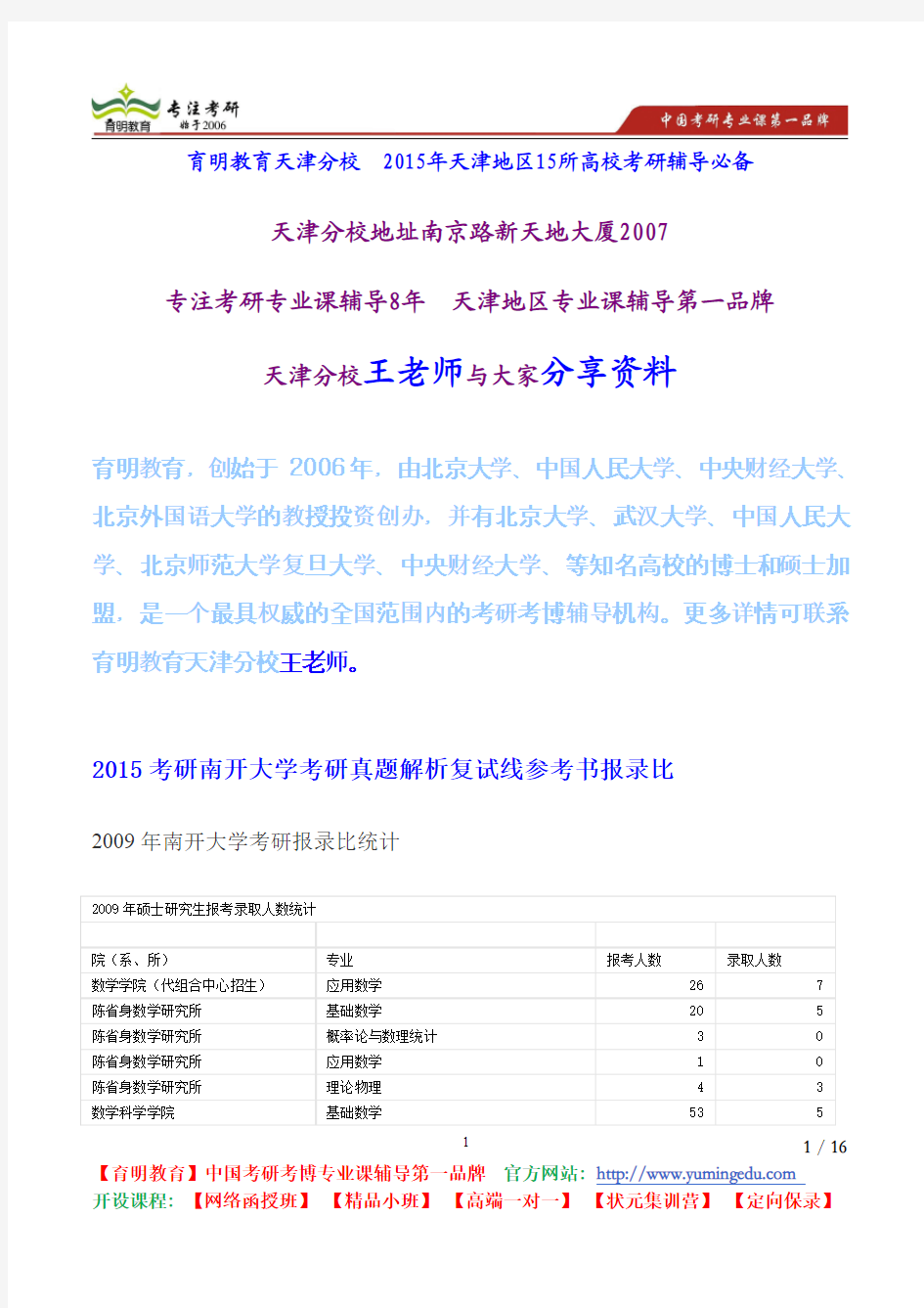 2015考研南开大学考研真题解析复试线参考书报录比