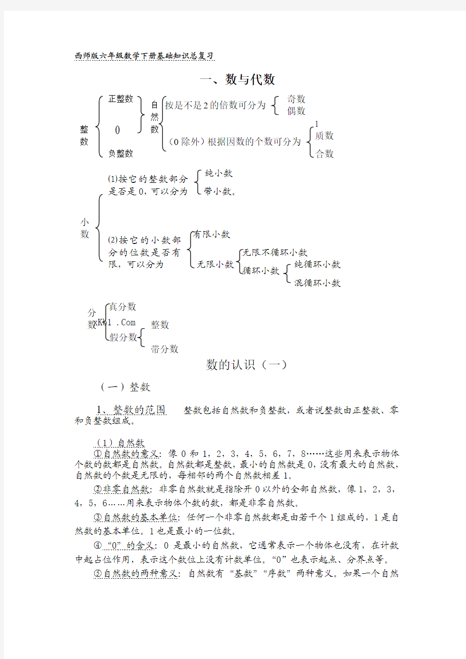 西师版六年级数学下册总复习资料