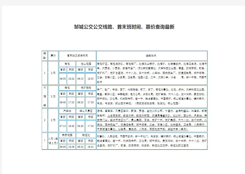 邹城公交公交线路、首末班时间、票价查询2014.10.1最新