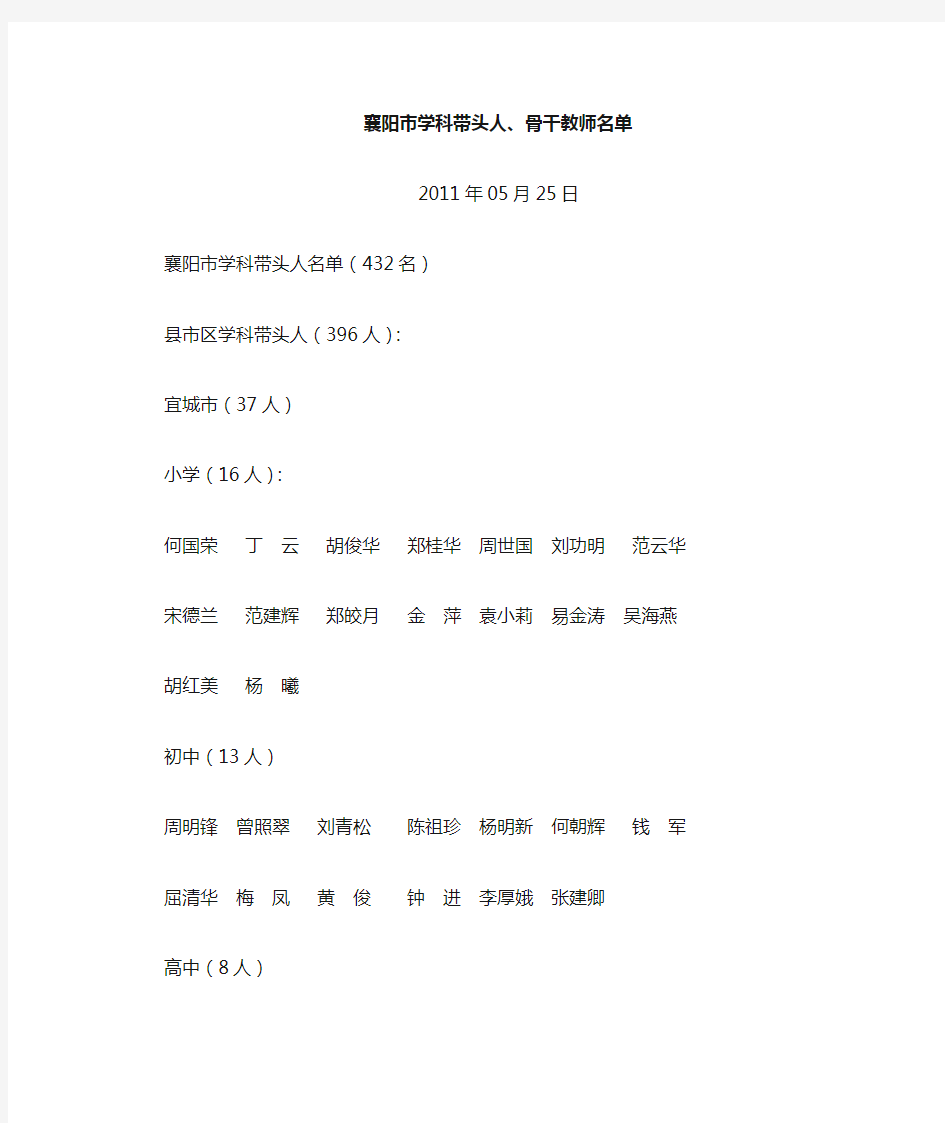 襄阳市第五轮学科带头人、骨干教师名单