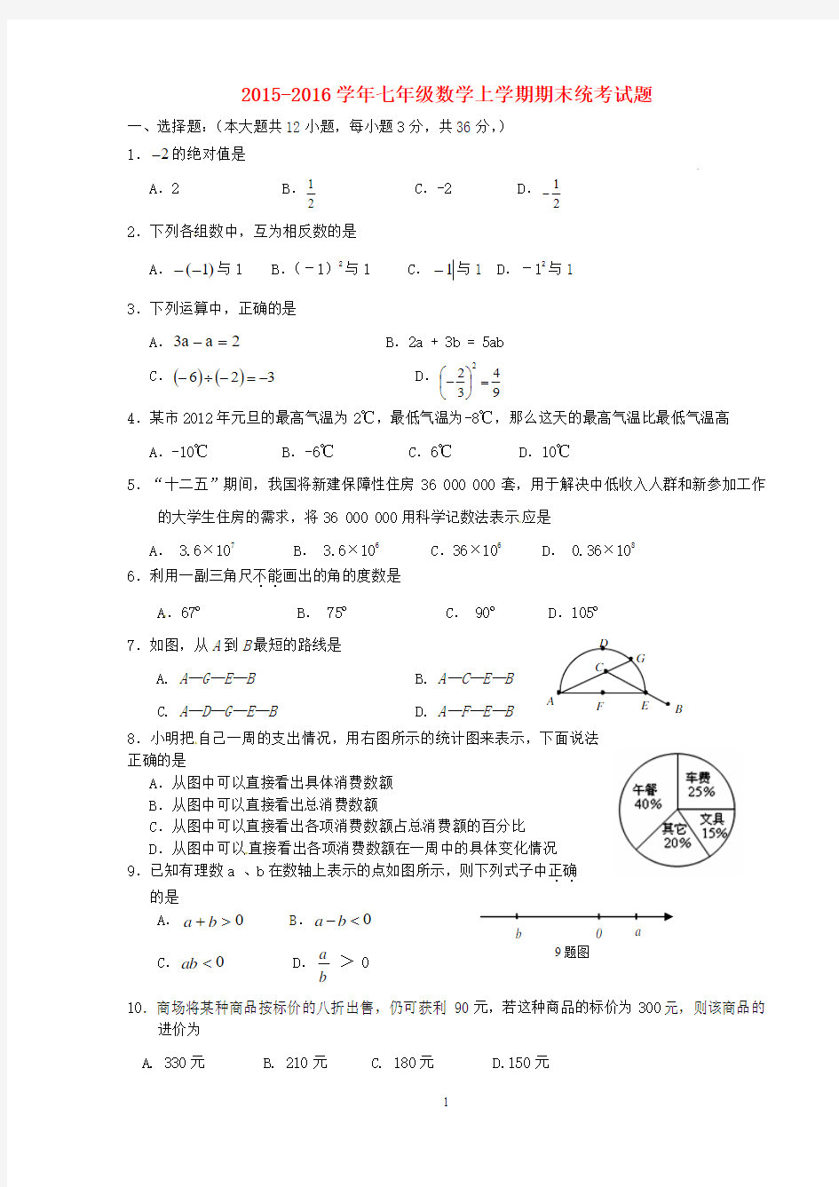 济南天桥区2015-2016学年七年级数学上学期期末统考试题_2016.01.08