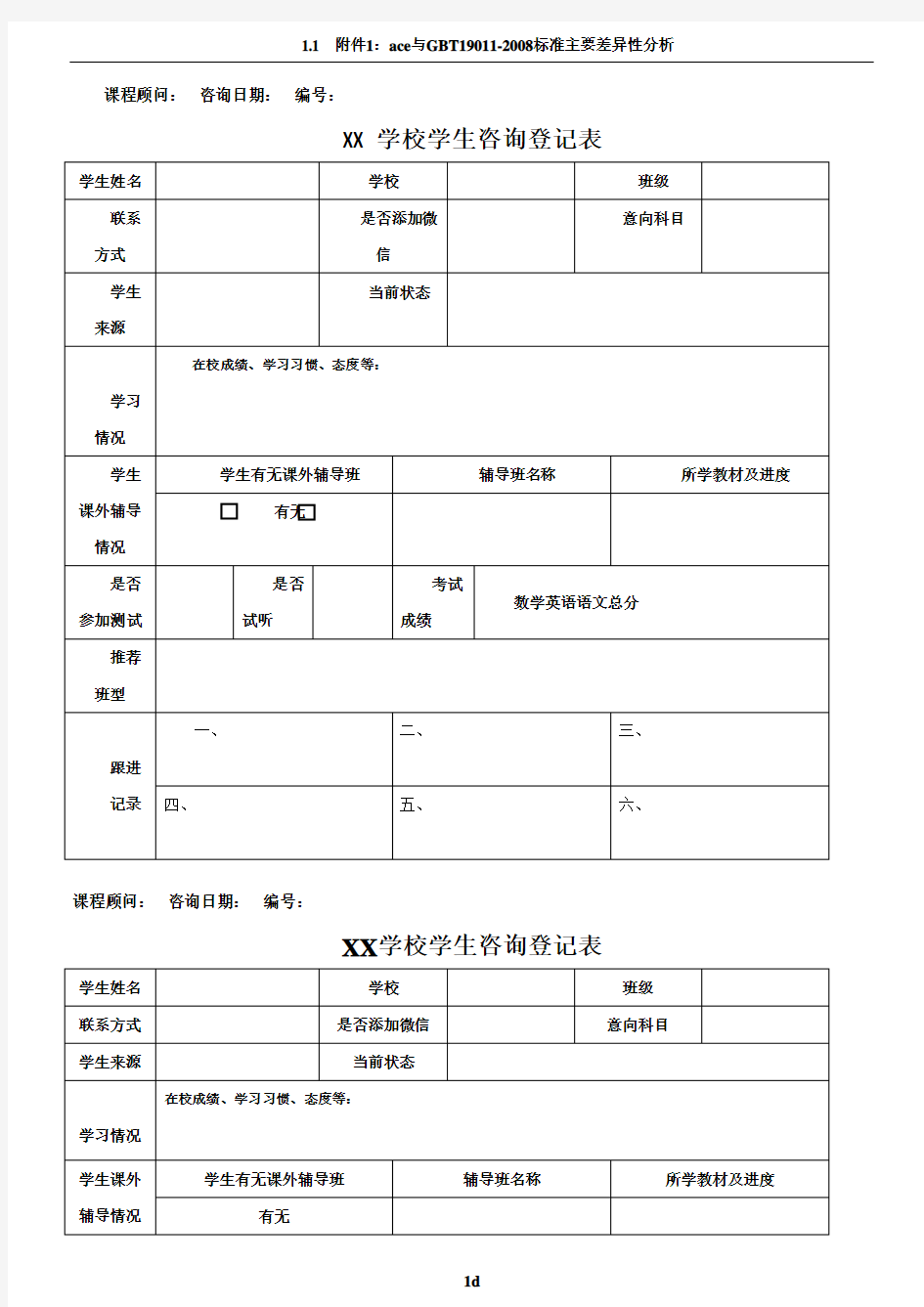 培训学校前台咨询登记表