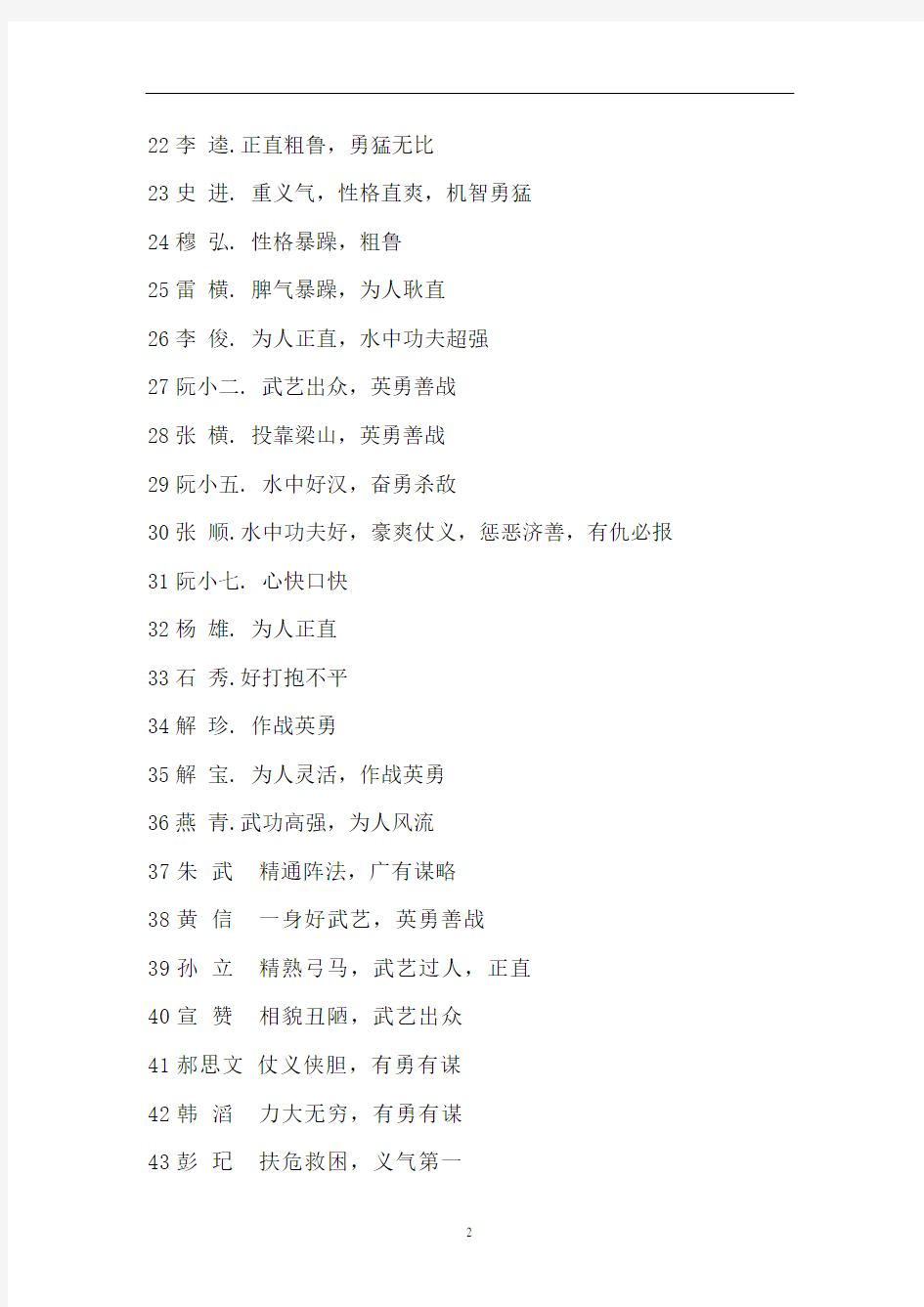 初中语文部编版九年级上册 名著导读《水浒传》 108将性格特点