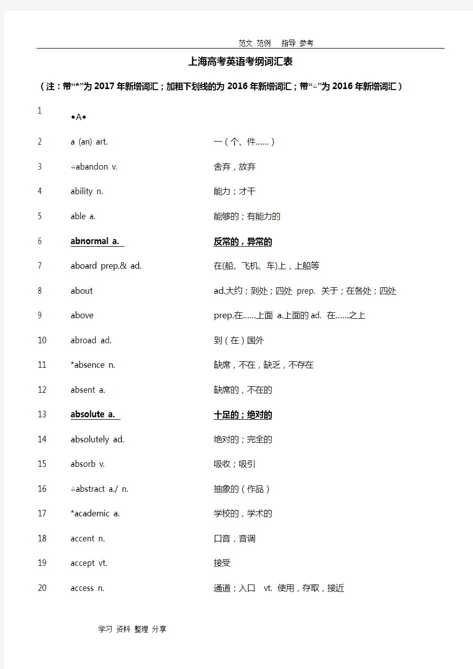 2018年最新上海高考英语考纲词汇表[完整版]