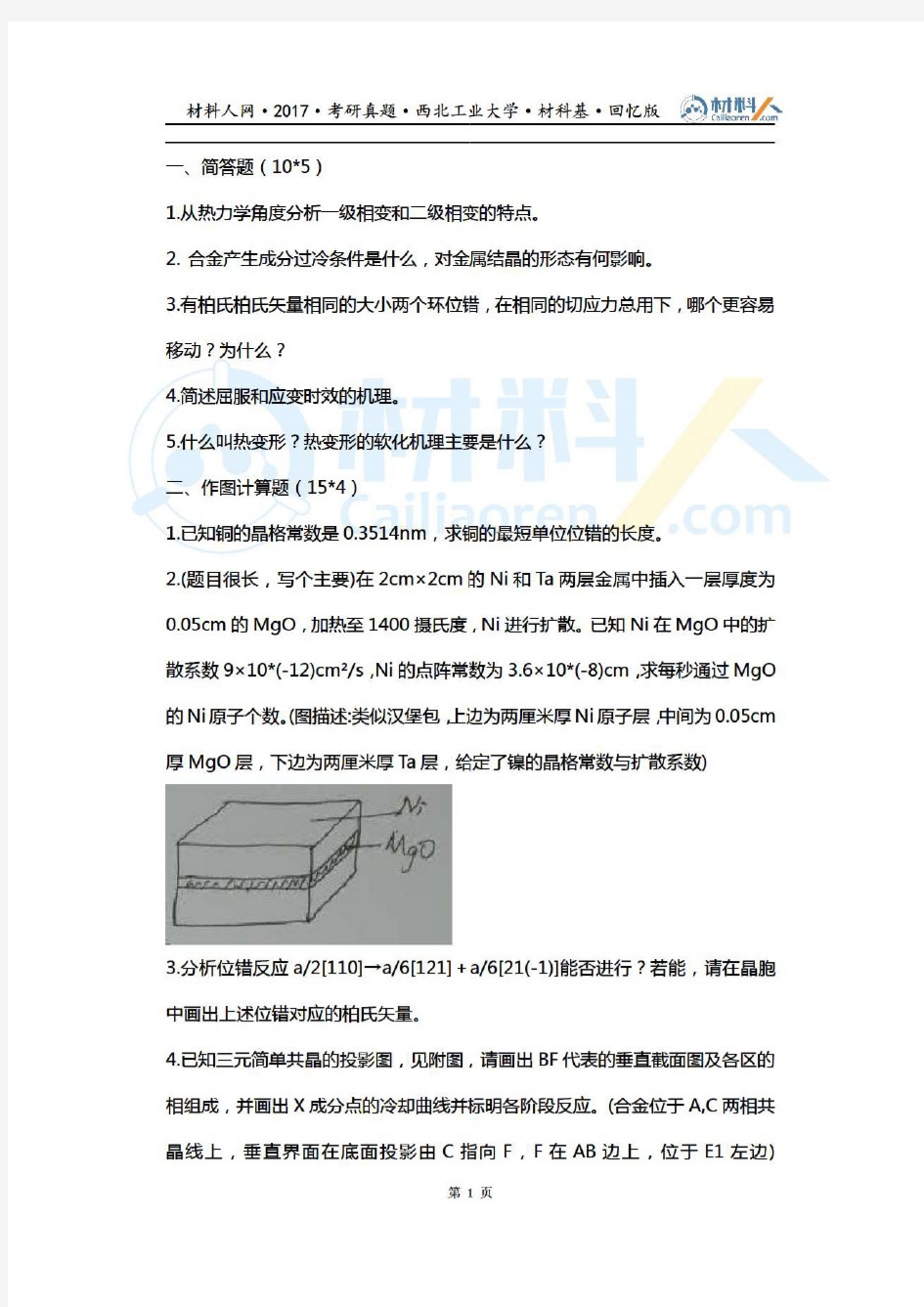 2017年西北工业大学832材料科学基础考研真题