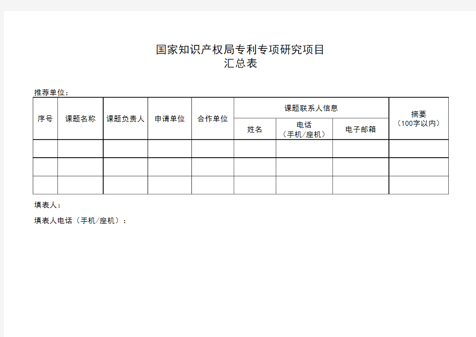 国家知识产权局专利专项研究项目汇总表