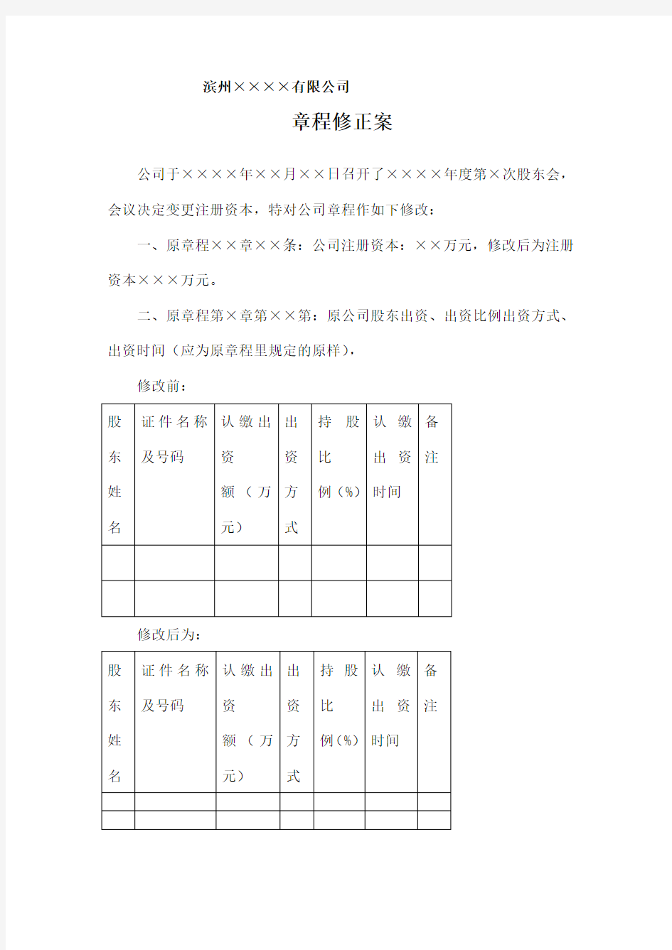 变更注册资本章程修正案注册资本变更