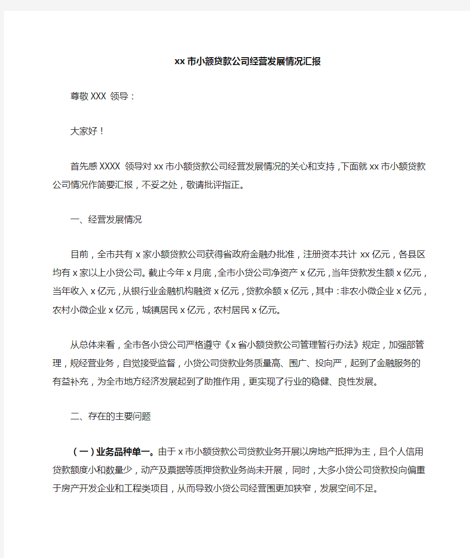 XX市小额贷款公司经营发展情况汇报