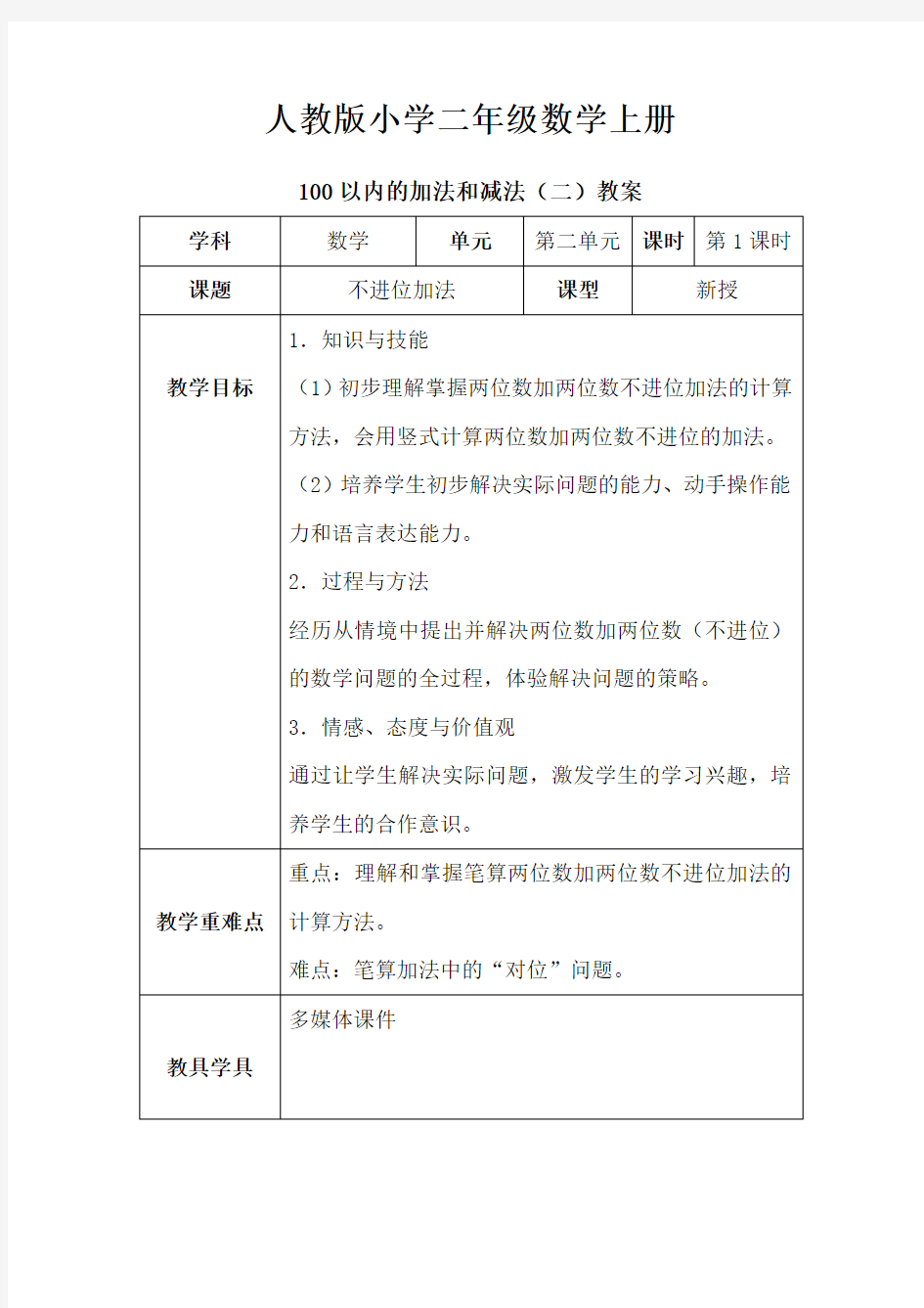 【数学】人教版小学数学二年级上册： 2.2.1 不进位加法【教案】