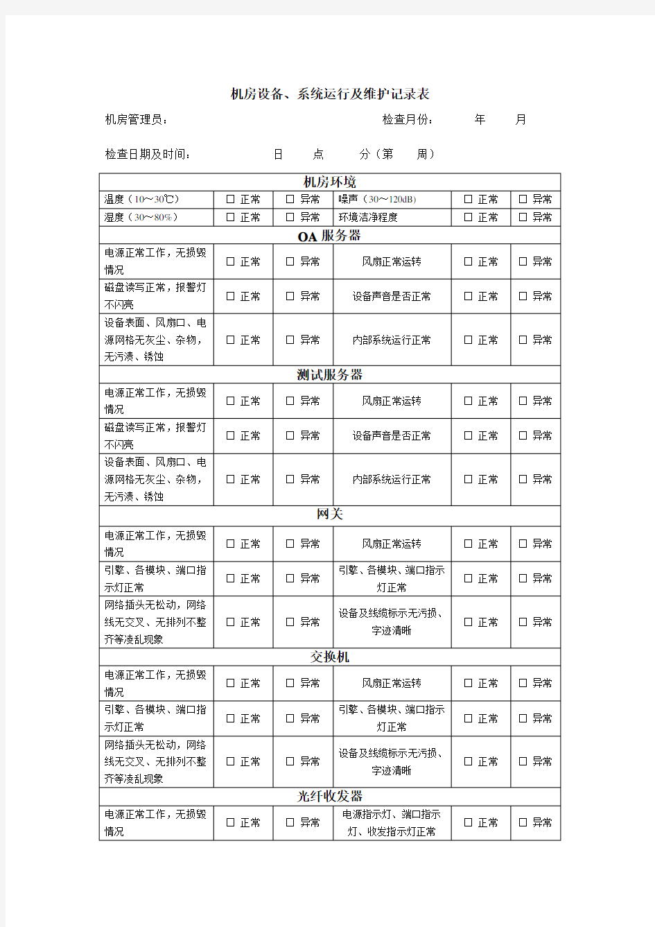 机房设备系统运行及维护记录表