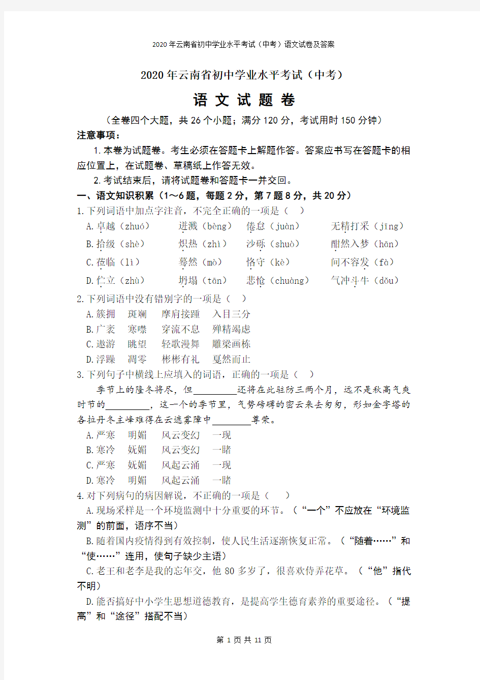 2020年云南省初中学业水平考试(中考)语文试卷及答案