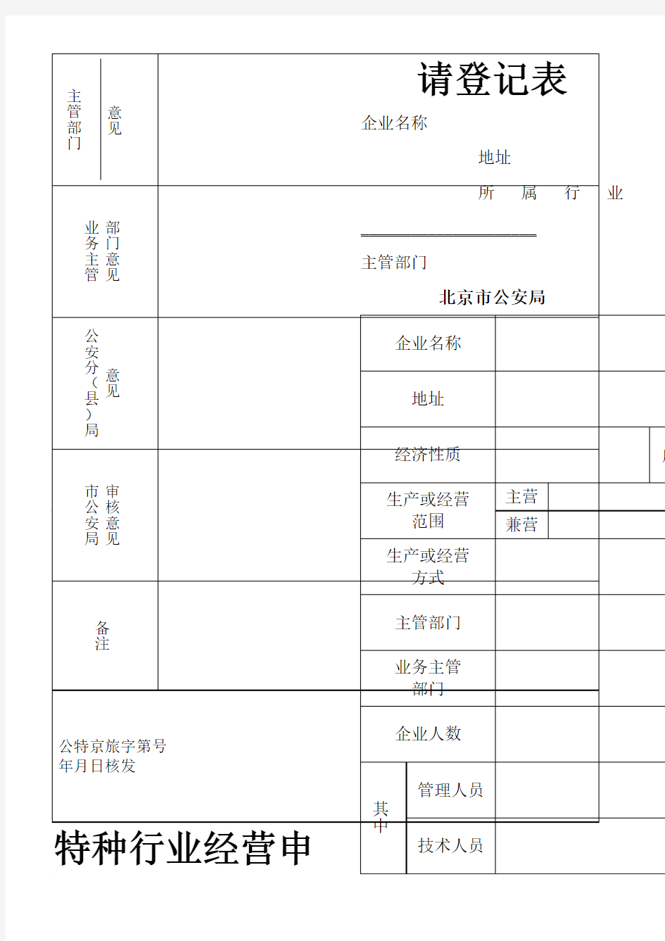 特种行业经营申请登记表格模板