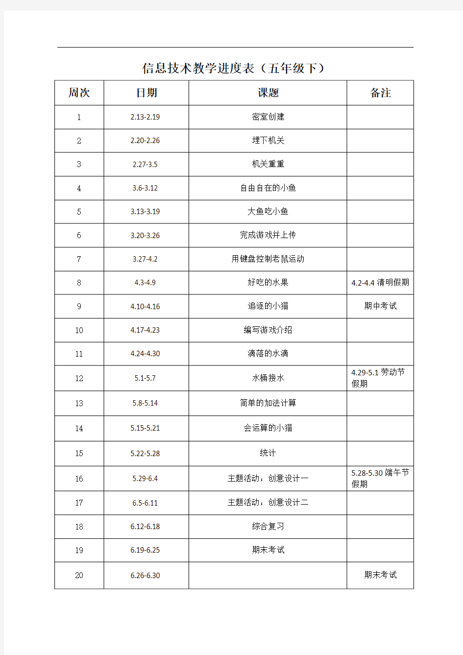 信息技术教学进度表(五年级下)