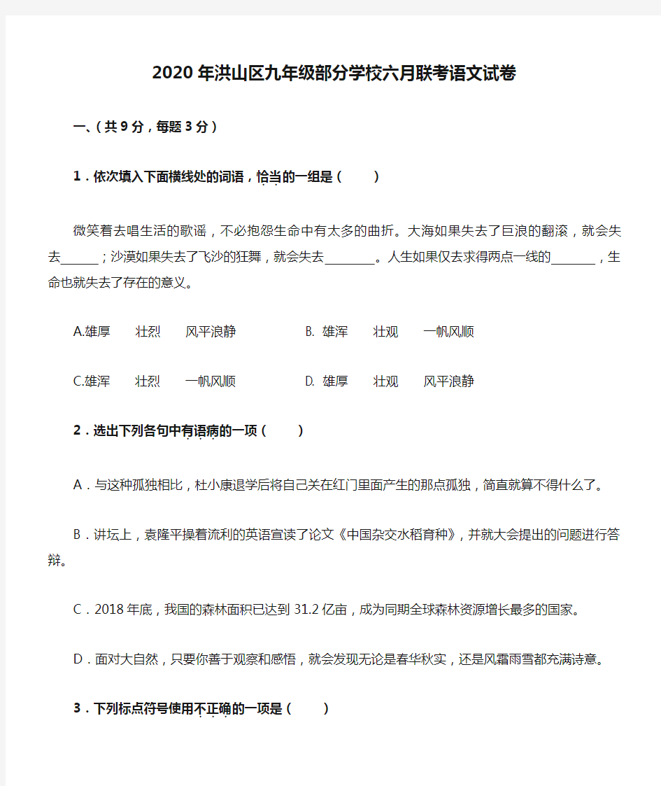 2020年洪山区九年级部分学校六月联考语文试卷