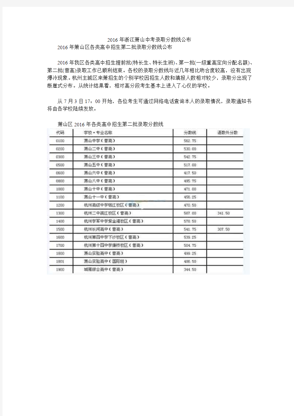 2016年浙江萧山中考录取分数线公布
