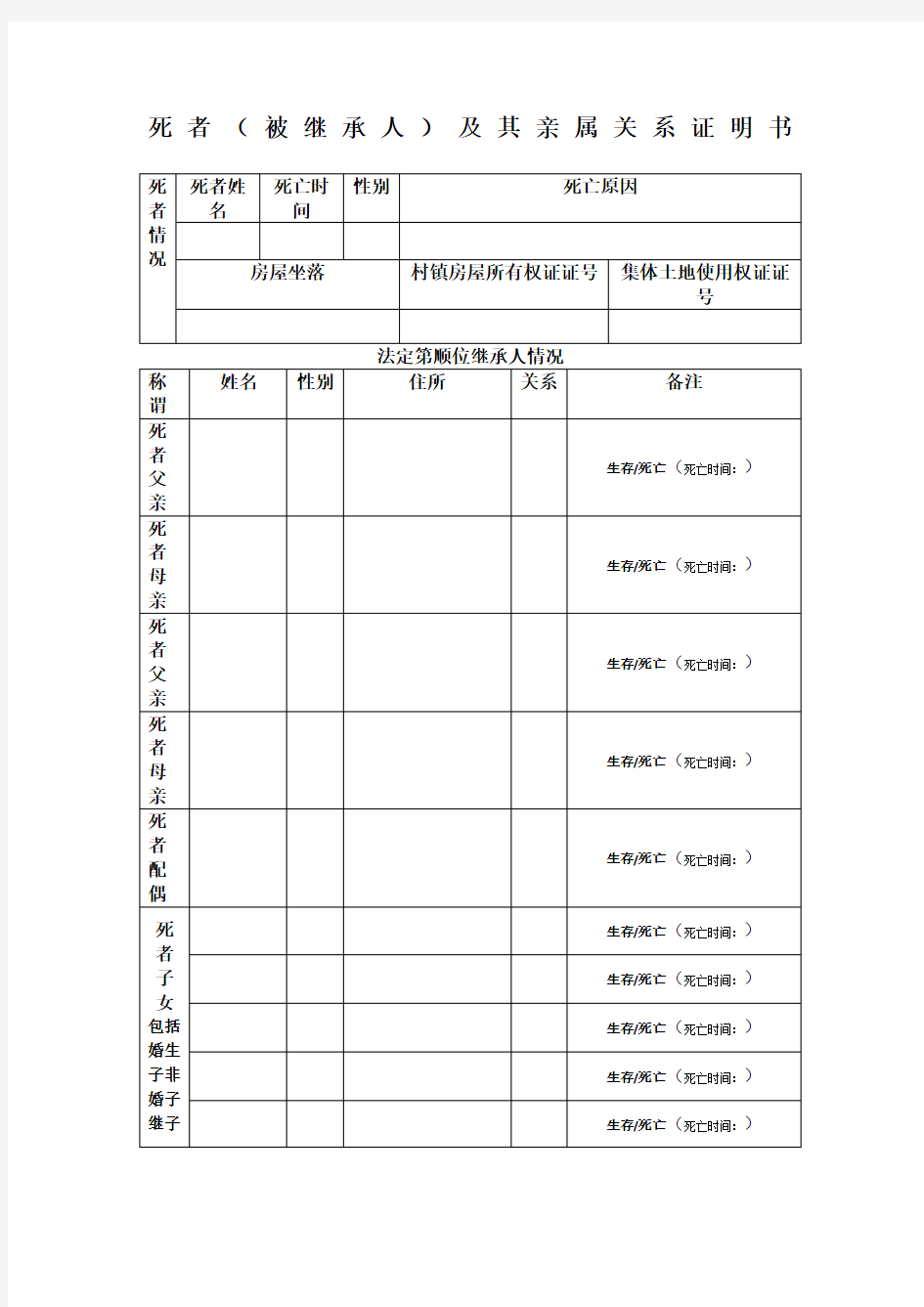 死者被继承人及其亲属关系证明书