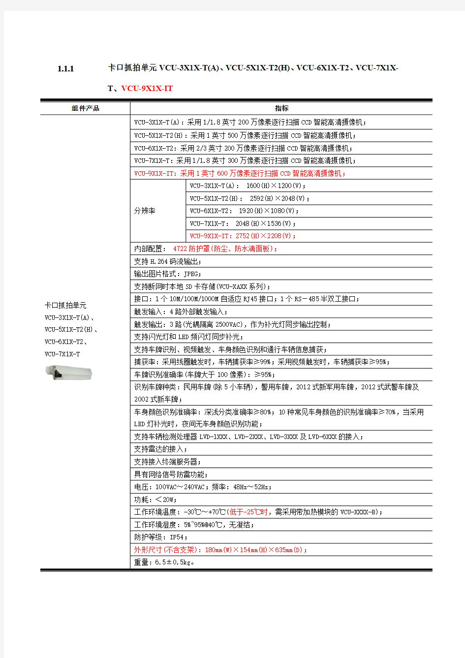 海康威视智能交通主要设备参数