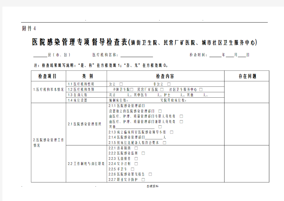 医院感染管理专项督导检查表(镇街卫生院)